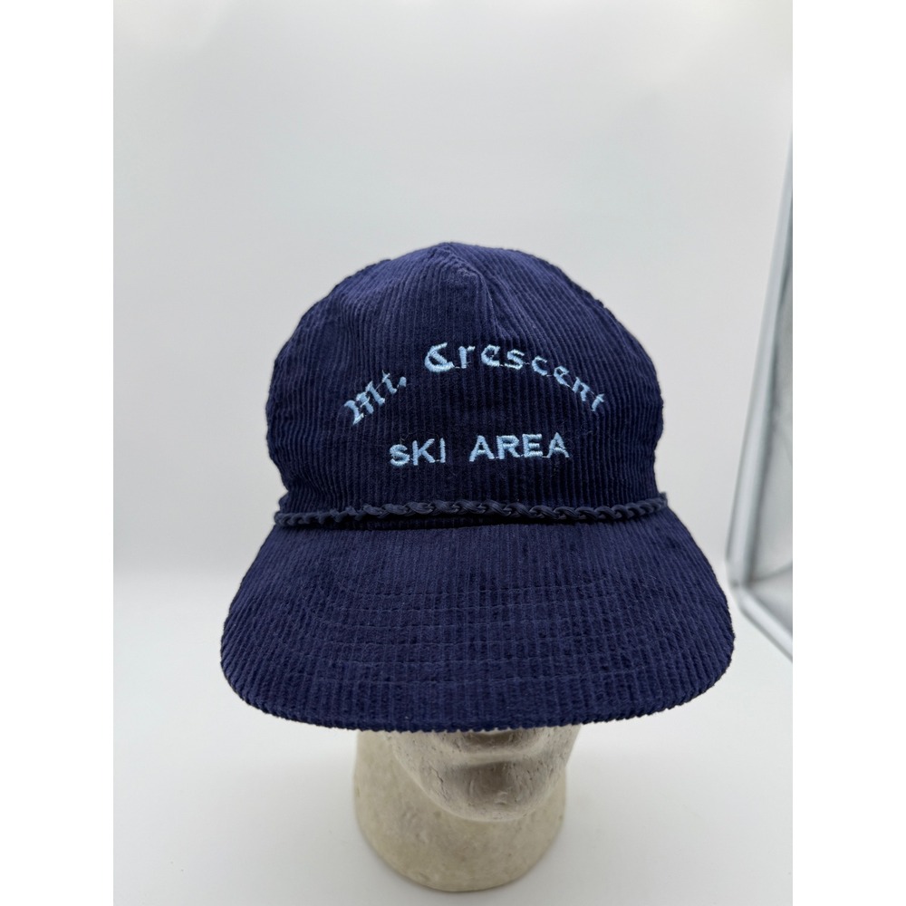 Vintage Mt Crescent Ski Area Iowa Corduroy Hat Navy Blue Rope Cap YKK Strap